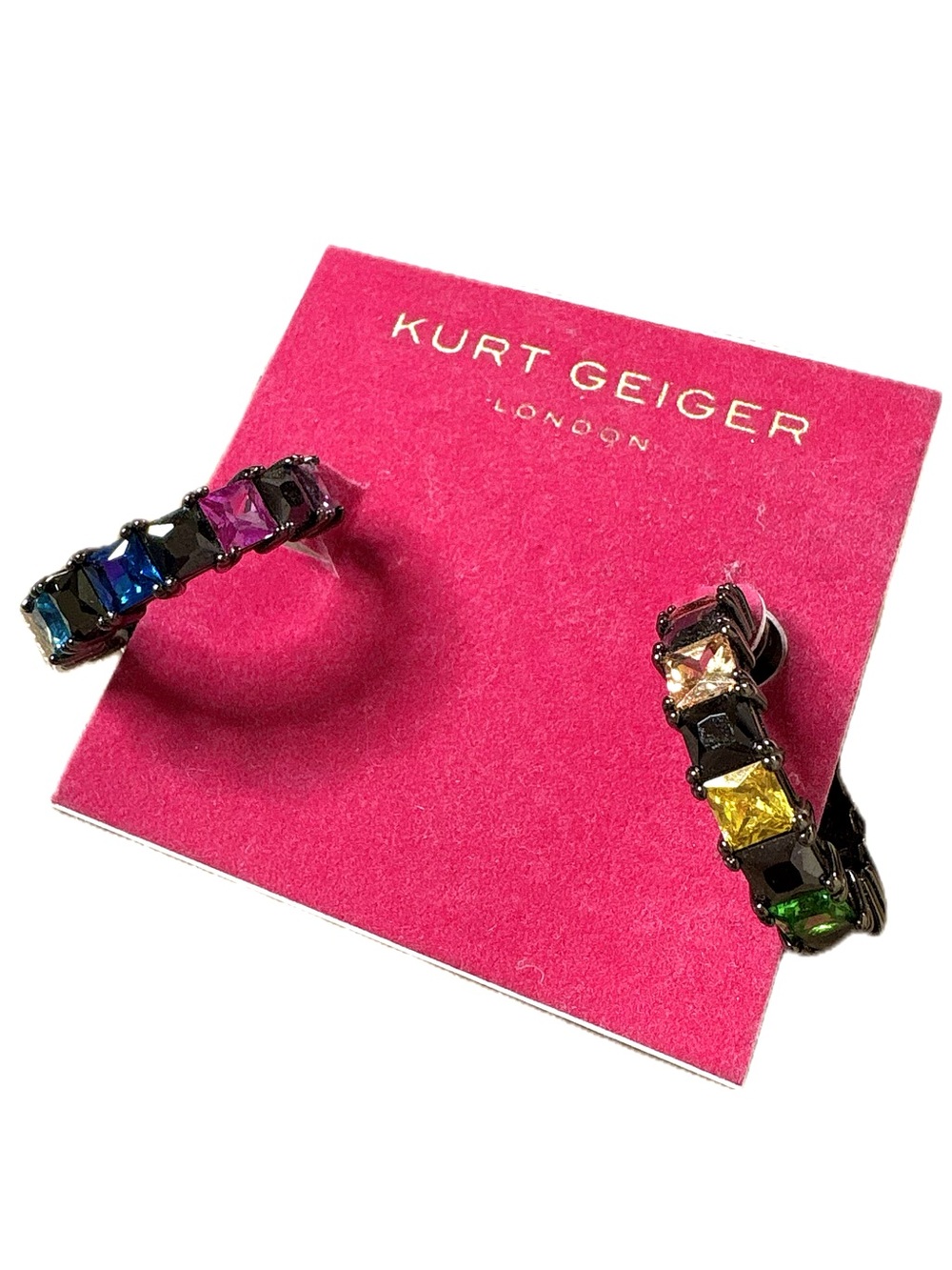 NWT Kurt Geiger London Checkboard Rainbow Crystal Small Hoop Earrings Gunmetal